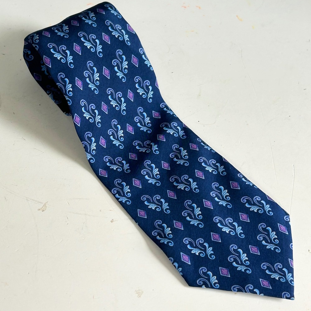 Valentino Cravatte Silk Tie Men's Blue Purple Scroll Diamond Colorful Italy